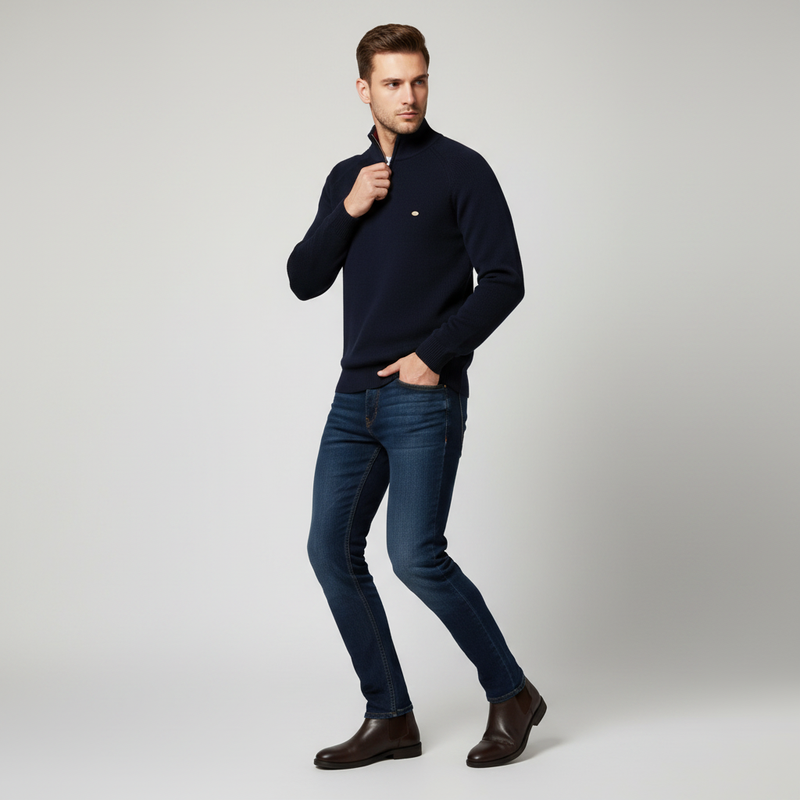 Jersey Negro con Media Cremallera | Prenda de Punto Masculina
